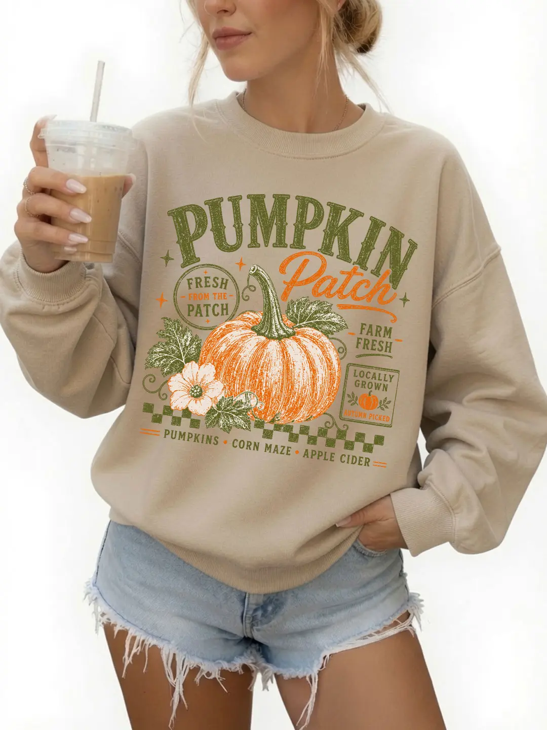 Women's Retro Pumpkin Patch Spandex-Yarn Sweatshirt, Vintage Fall Everyday Essential Pullover, Autumn Harvest Graphic Crewneck, Casual Unisex Style Apparel, Gift For Pumpkin Lovers