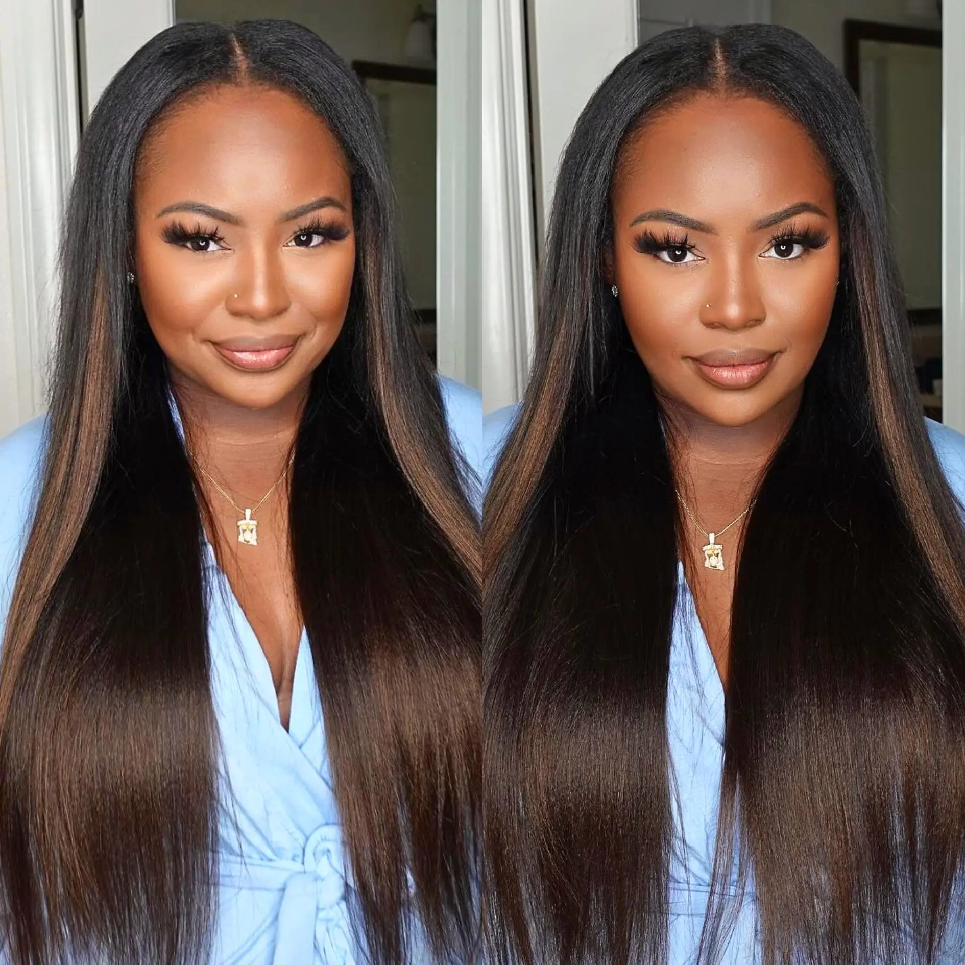 UNICE Upgraded EasiContour V Part Glueless Straight Wig - 100% Human Hair, Ombre Chestnut Brown Yaki, Pre Styled, Heat Resistant, No Stocking Cap, Easy Install Leave Out, Ombre Color Wig