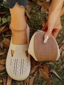 Women's Fashion Comfortable Soft Textile Flat Shoes, Elastic Weave Hollow Out Design, Anti-Slip Wear-Resistant Sole, Casual Daily Wear