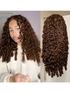 Wear Go Half Wig Brown #4 Color Burmese Curly With Elastic Drawstring Flip Over Wig 200% Density Invisible Strap 3 In 1 Half Wig Natural Hairline Human Hair Wigs Glueless Y2k Human Hair Wig Valentines Gifts Hair Accessories for Daily Use