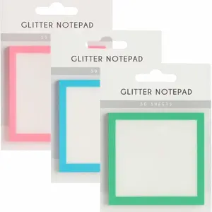 3set Shiny Memo Paper Set, Macaron, Self-Stick Transparent Glitter Notes, Square Design, Perfect for Office School Supplies