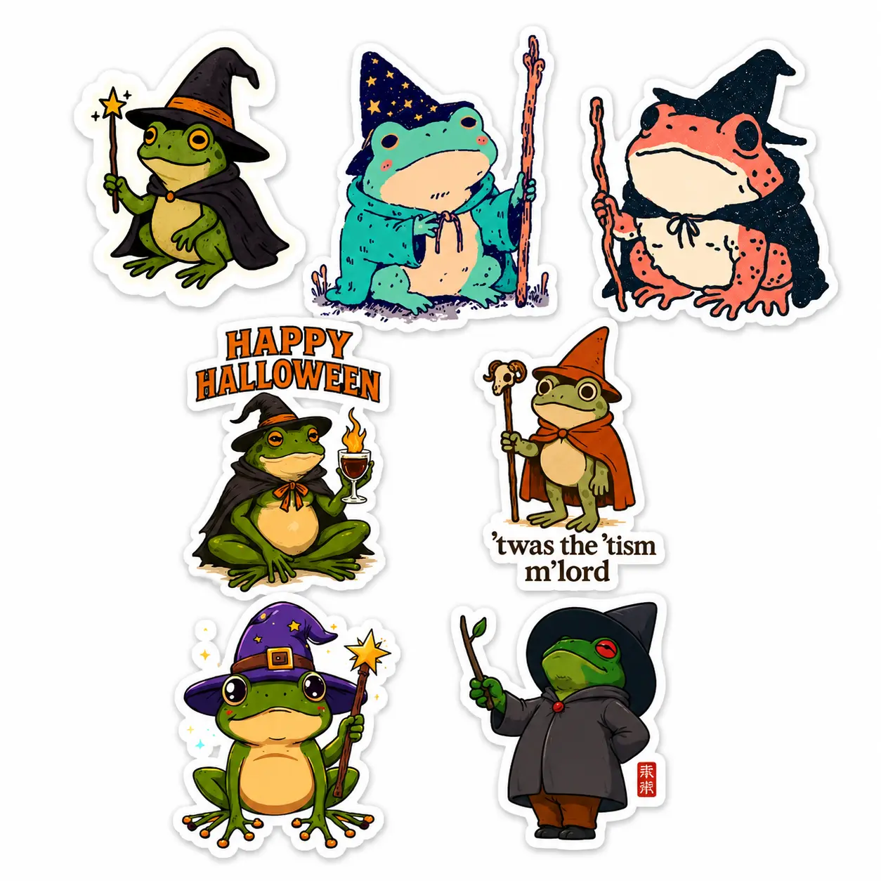 Cute Halloween Frog Sticker Pack, 7 Wizard Toad Vinyl Decals, Witchy Frog Graphic Stickers, Spooky Season Animal Lover Gift