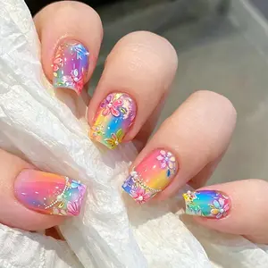 24pcs Rainbow Gradient Short Square Nail Art, 3D Flower Pearl Chain Design, Glossy Finish, Sweet Style False Nails, Easy Wear