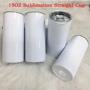 15oz Sublimation White Blanks Straight Skinny Tumbler With Sealed Lid Straw Stainless Steel Double Vacuum Water Bottle For Gift