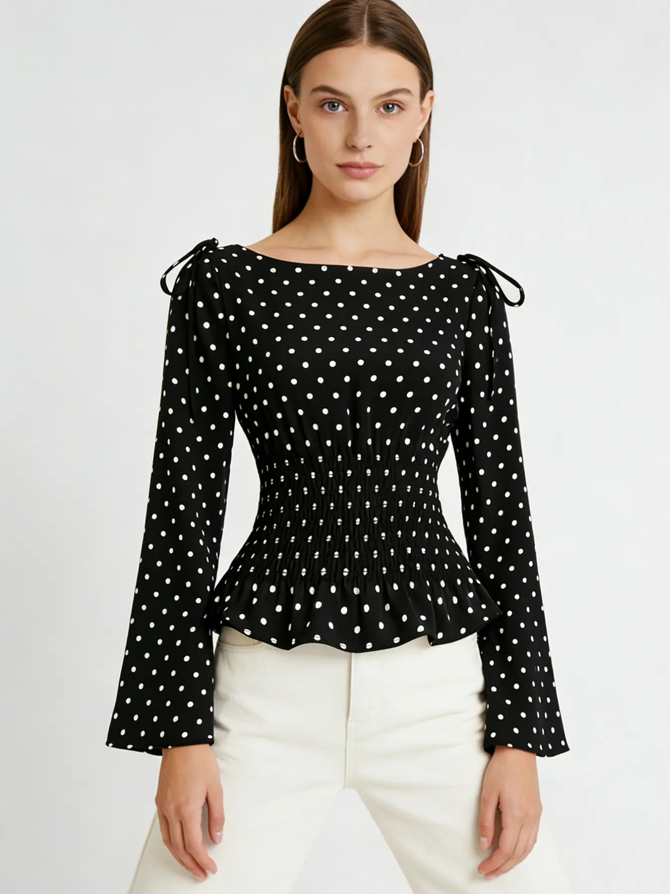 A women's black fashionable polka dot bubble sleeve waist cinching shirt Blouse Top, with bubble sleeves adding sweetness and elastic waist cinching, suitable for commuting to work, shopping and outdoor activities, indoor and outdoor dressing Long Sleeve