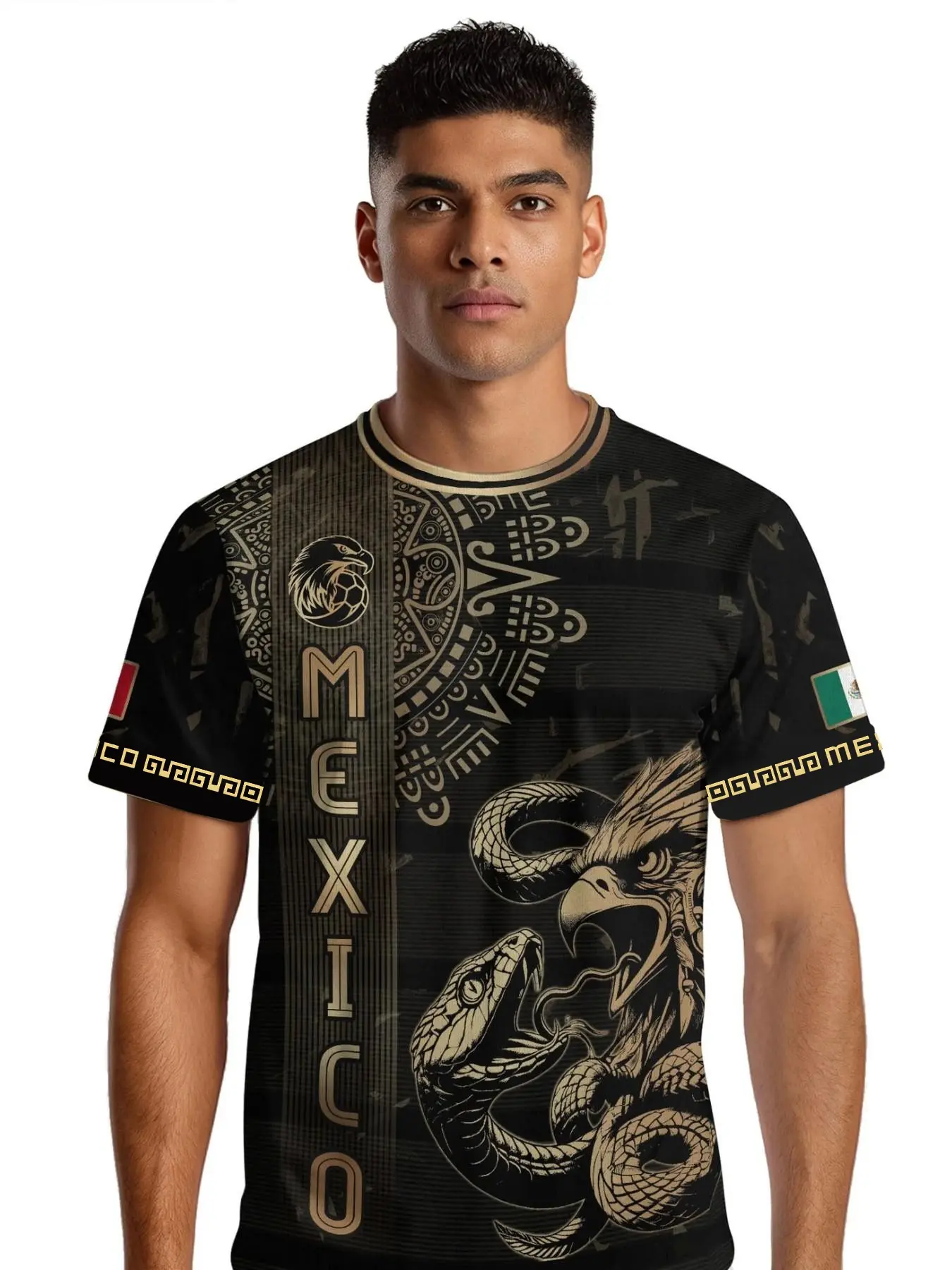 Mexico Soccer Jersey, Soccer Shirt, Eagle Serpent Aztec Pattern, Sporty Style, Fitted Long Sleeve, All Seasons Wear