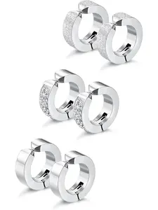 3 Pairs Stainless Steel Jewelry Hoop Earrings for Men & Women, Clip-On Design Without Piercing, Casual Style All-Season Accessory, Hoop Earring Sets
