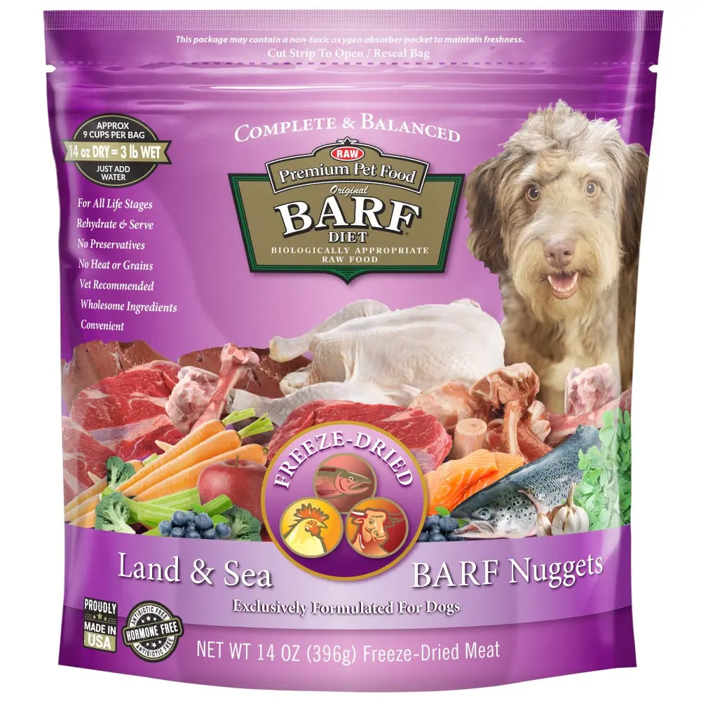 BARF World Freeze-Dried Land & Sea Nuggets - Chicken Beef Salmon & Blueberries for Antioxidants & Health - 14 oz Bag