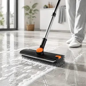 3-in-1 Scrub Brush with Long Handle – Floor, Tile & Shower Squeegee Broom for Concrete, Patio, Wall Cleaning, TikTok Trending Black,large squeegee