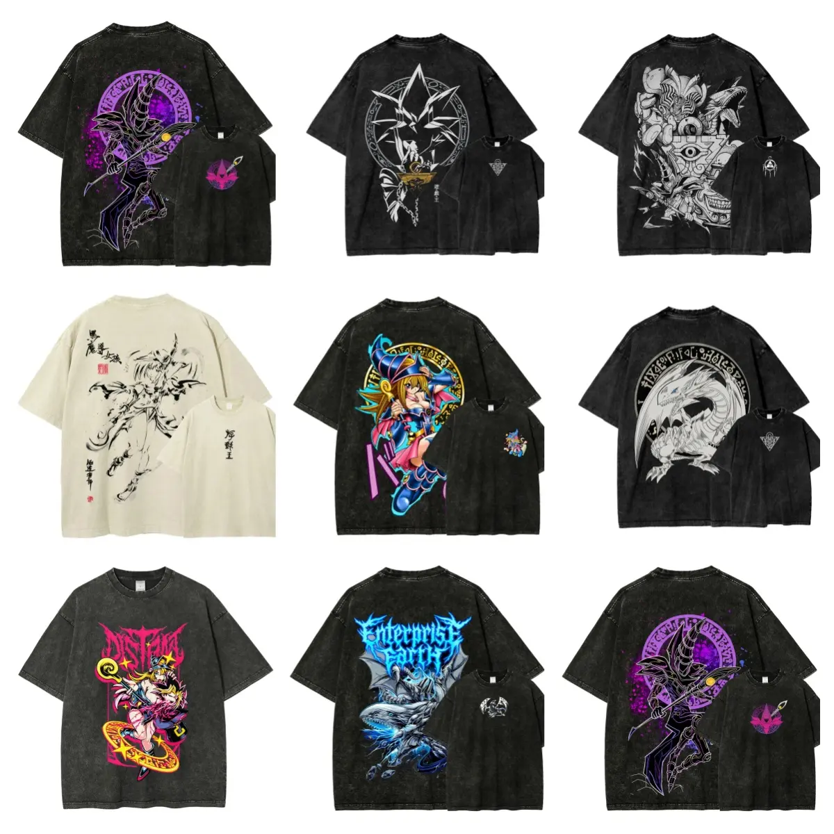 Unisex Menswear Classic Round Neck Shortsleeve T-Shirt - 100% Cotton Vintage Washed Oversized Streetwear, Yu-Gi-Oh Anime Dark Magician Blue Eyes White Dragon Character Print, Distressed Retro Card Game Artwork Top for Anime Fans, Casual