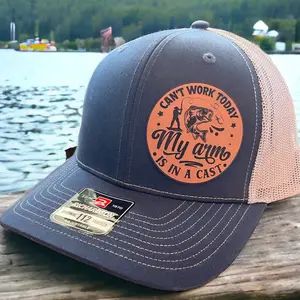 Richardson 112 Baseball Snapback Fishing Trucker Hat for Men with Can't Work Today, My Arm Is In A Cast Humorous Engraved Leatherette Patch on Navy Front and Charcoal Mesh Back