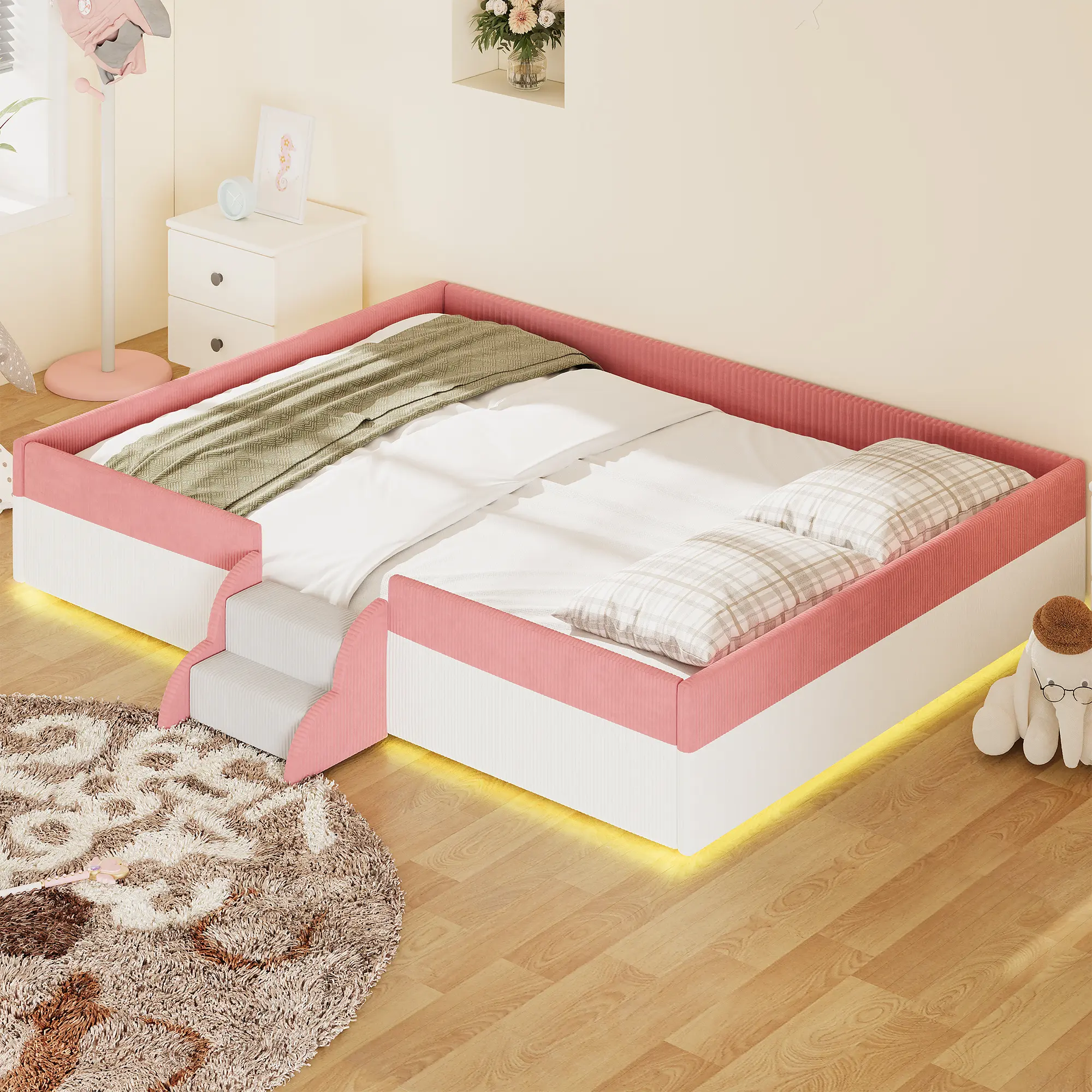 Corduroy Upholstered Floor Bed with Smart LED Lights, 2-Tier Steps, and Fence Guardrails, Queen Size, Pink+White