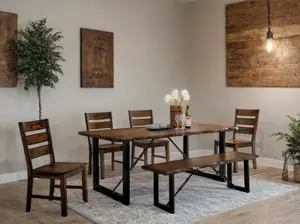 Dulce Industrial 6-Piece Dining Set with Rustic Wood Table, Ladder-Back Chairs, and Bench – Modern Farmhouse Style