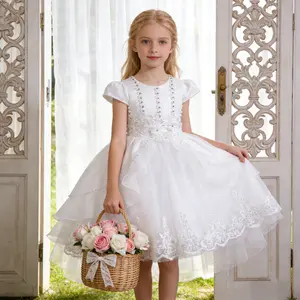 167 Kids white elegant dress with pearl lace design suitable for piano concert high-end event girl's birthday party