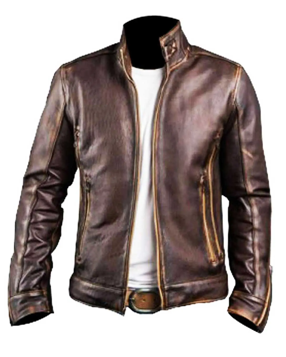 MotorCycleJackets Men’s Cafe Racer Distressed Leather Jacket