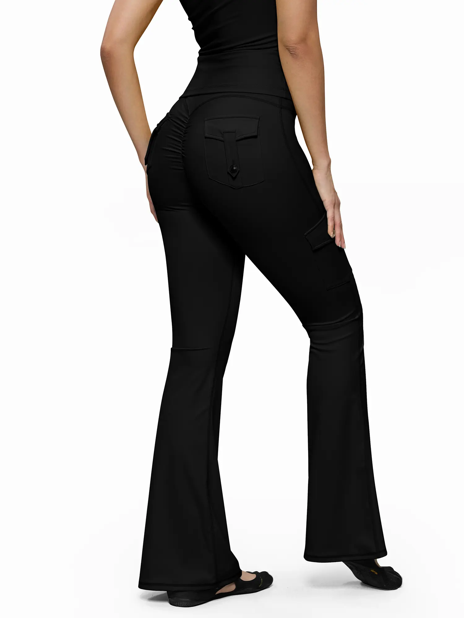 FDR X AOSSIO Women's Button Cargo Pocket High-Waisted Bootcut Flare Pants Ruched Butt Y2K Athletic Workout Leggings Activewear