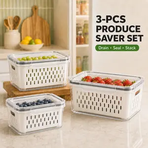 MIUVA 3 PCS Fruit Storage Containers for Fridge with Removable Drain Basket, Airtight, Leakproof & Dust Proof Food Storage Containers, BPA-Free Produce Saver Set for Berries, Vegetables, Meal Prep & Leftovers