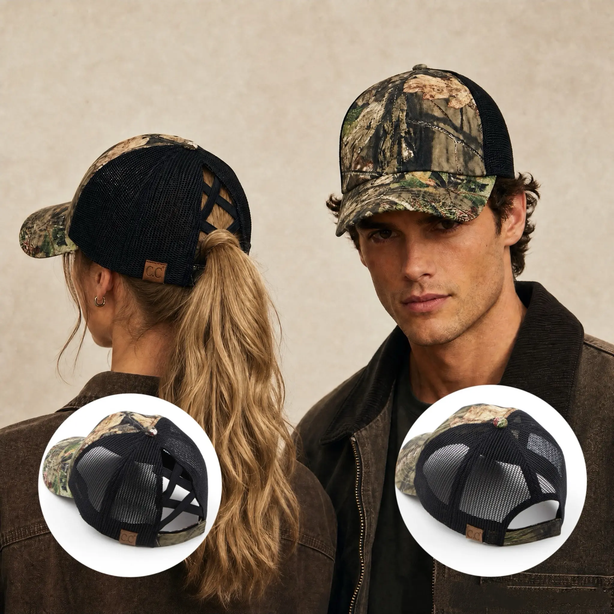 C.C. Mossy Oak Camo Adjustable Outdoor Cap Unisex for Hiking Camping Hunting Fishing Memorial Day Criss-Cross Multi-Level Fit Ponytail Hat