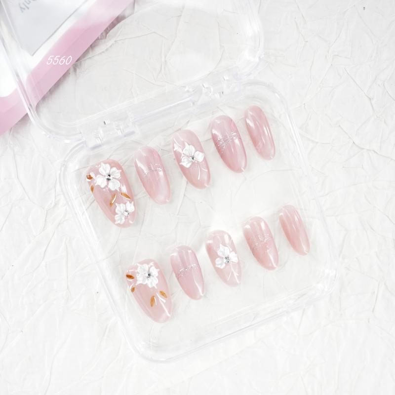 Lilith:CZ1-Pink medium-length 3D flower nails
