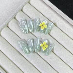 Mint Green Ombre Press-On Nails Hand-Carved Floral Designs Soft Nude Gradient Elegant Detachable Nail Art Kit for Hello Kitty Nail Tips and Diamond Tip Nails tiktokshopspringglowup