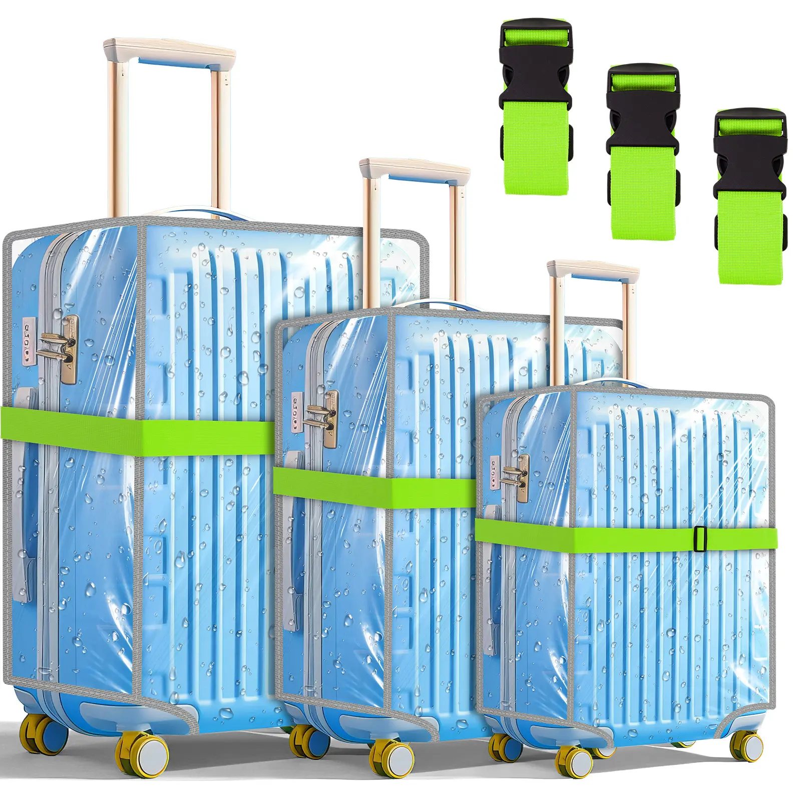 Luggage Cover Set - 3 Transparent Covers, Waterproof PVC, 3 Removable Adjustable Straps, Travel Accessory for 20-in, 24-in, 28-in Suitcases, Removable Adjustable Strap