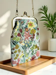 Women's Spring Summer Jacquard Fabric Phone kiss lock Bag, Storage for Lipstick Keys and Coins, Crossbody Bag, Floral Shoulder Bag, Fashionable and Practical
