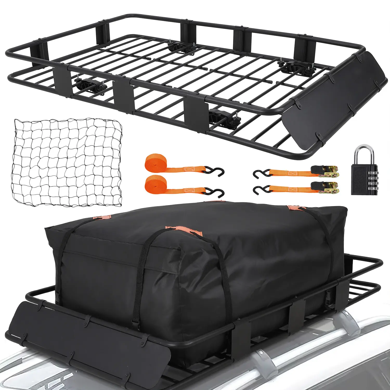 Steel Car Roof Basket, 64in x 39in Heavy-Duty Road Trip Cargo Carrier for SUV/Truck, 200lb Capacity with Waterproof Bag, Net, Ratchet Straps, Lock, Cargo Carry
