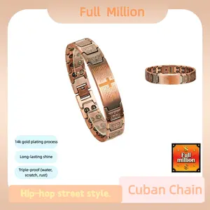 A classic cross-shaped bracelet with an adjustable copper-colored band. Featuring engraved scriptures, it is believed to help improve energy flow. The perfect choice for yourself or as a gift.