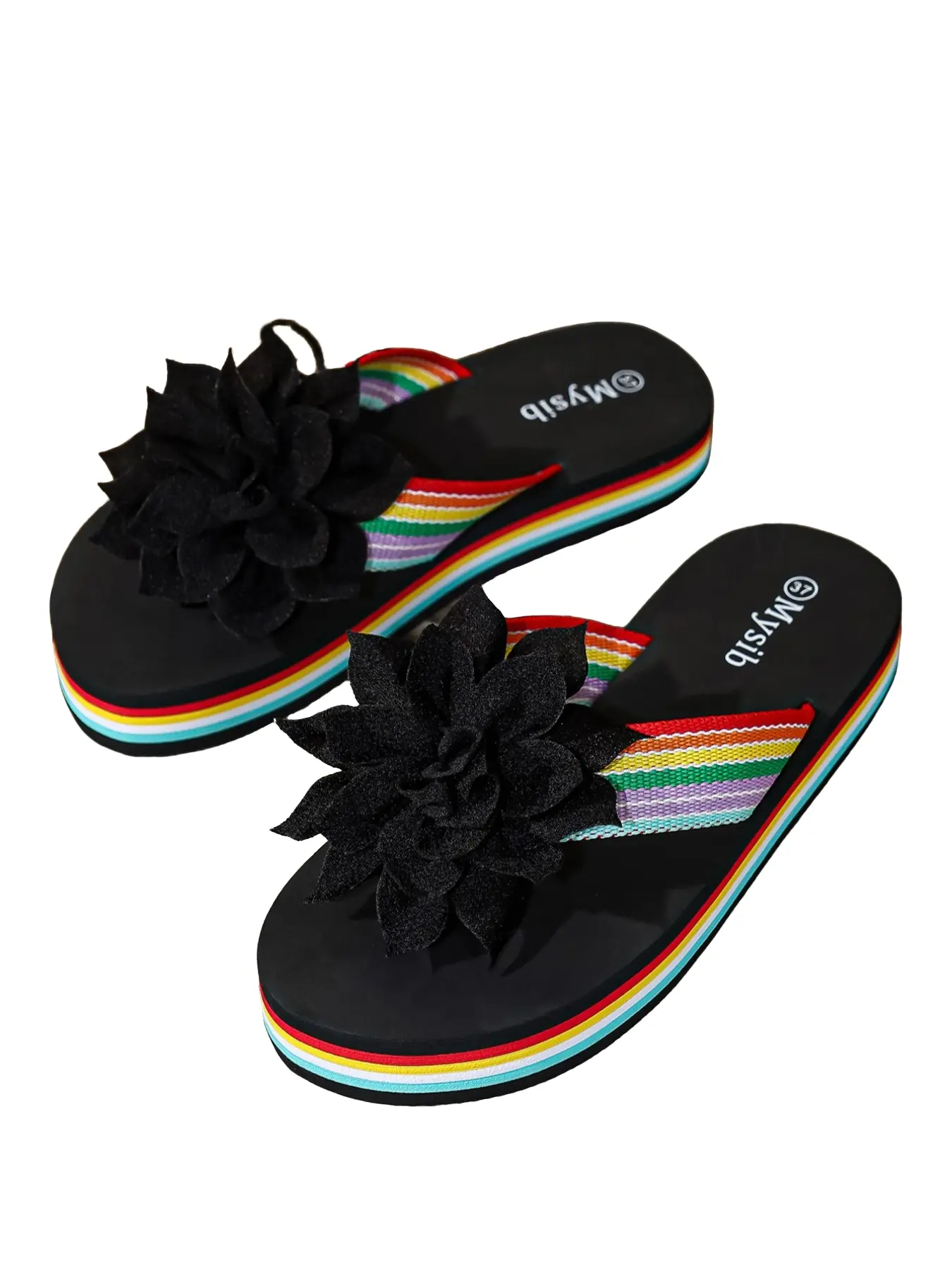 Rainbow Stripe Platform Flip Flops with 3D Flowers for Beach Vacation & Daily Outdoor Wear