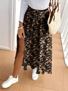 Boho Floral Midi Dress, Vintage Style Elegant Split Thigh Summer, Perfect Gift for Mom, Beach Vacation & Music Festivals, Womenswear