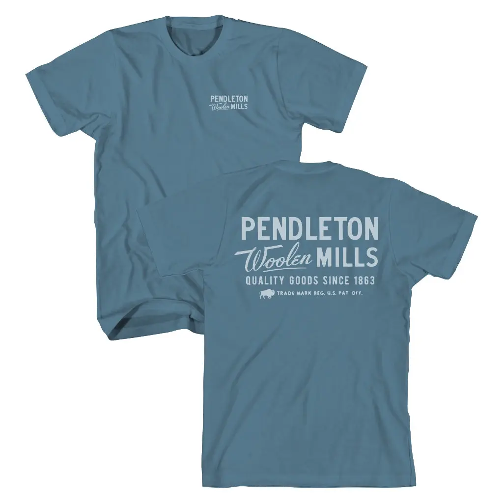 Pendleton Men's Woolen Mills T-Shirt, Classic Round Neck Shortsleeve with Front and Back General Logo Graphic, Graphic T Shirts, Front & Back, Pendleton General Logo, Patent Logo, U.s. Pat. Off.