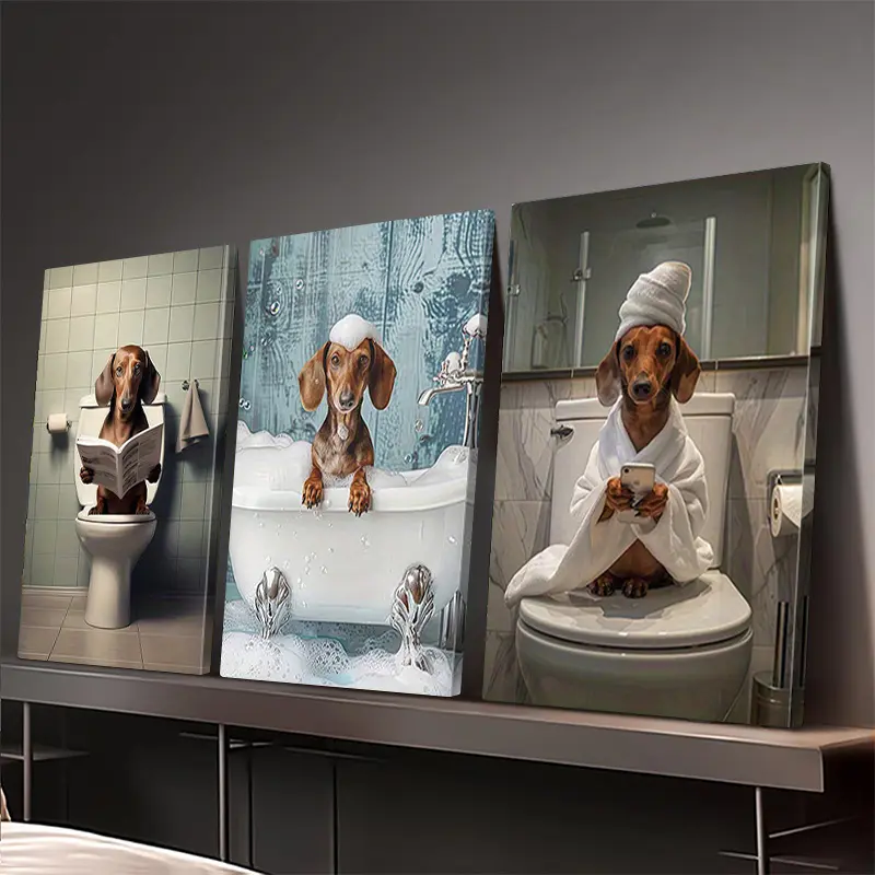 3-Piece Framed Whimsical Dachshund Bathroom Canvas Art Prints - Waterproof Artwork with Bathing, Newspaper-Reading, Phone-Using Dogs, Hanging Pet Decor for Dog Lovers, No Electricity Required