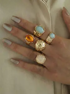 Women's Moonstone Ring Set, Irregular Wide Band Design, Fashionable Street Style Jewelry, Unique Gemstone Rings for Women, Statement Ring, Bohemian Stackable Rings