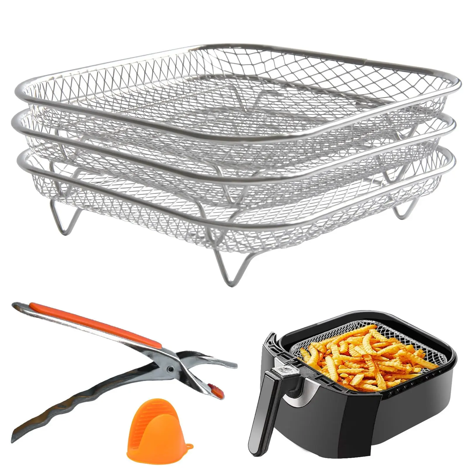 3PCS Stackable Air Fryer Racks Set - 304 Stainless Steel Mesh Baskets, Multi-Use for Air Fryer, Oven, Dishwasher Safe Including Gripper Clip
