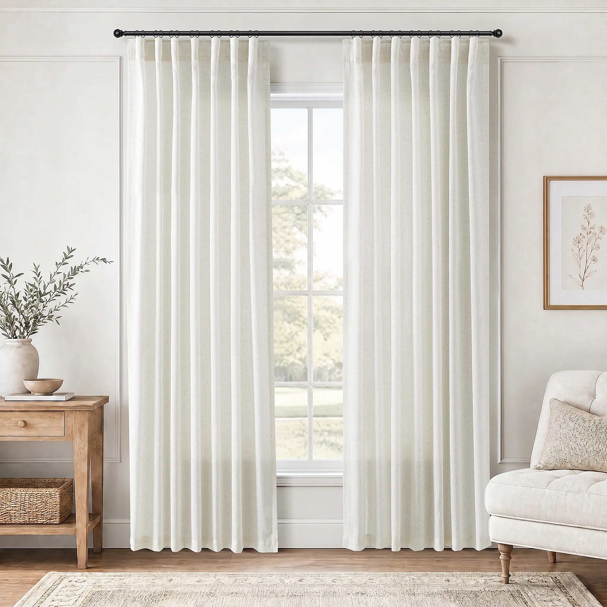 Jowels Linen Curtains 2 Panels for Living Room , Light Filtering Semi Sheer Curtain , Back Tab Pleated with Hooks, Privacy Window Drapes for Bedroom, Boho Farmhouse