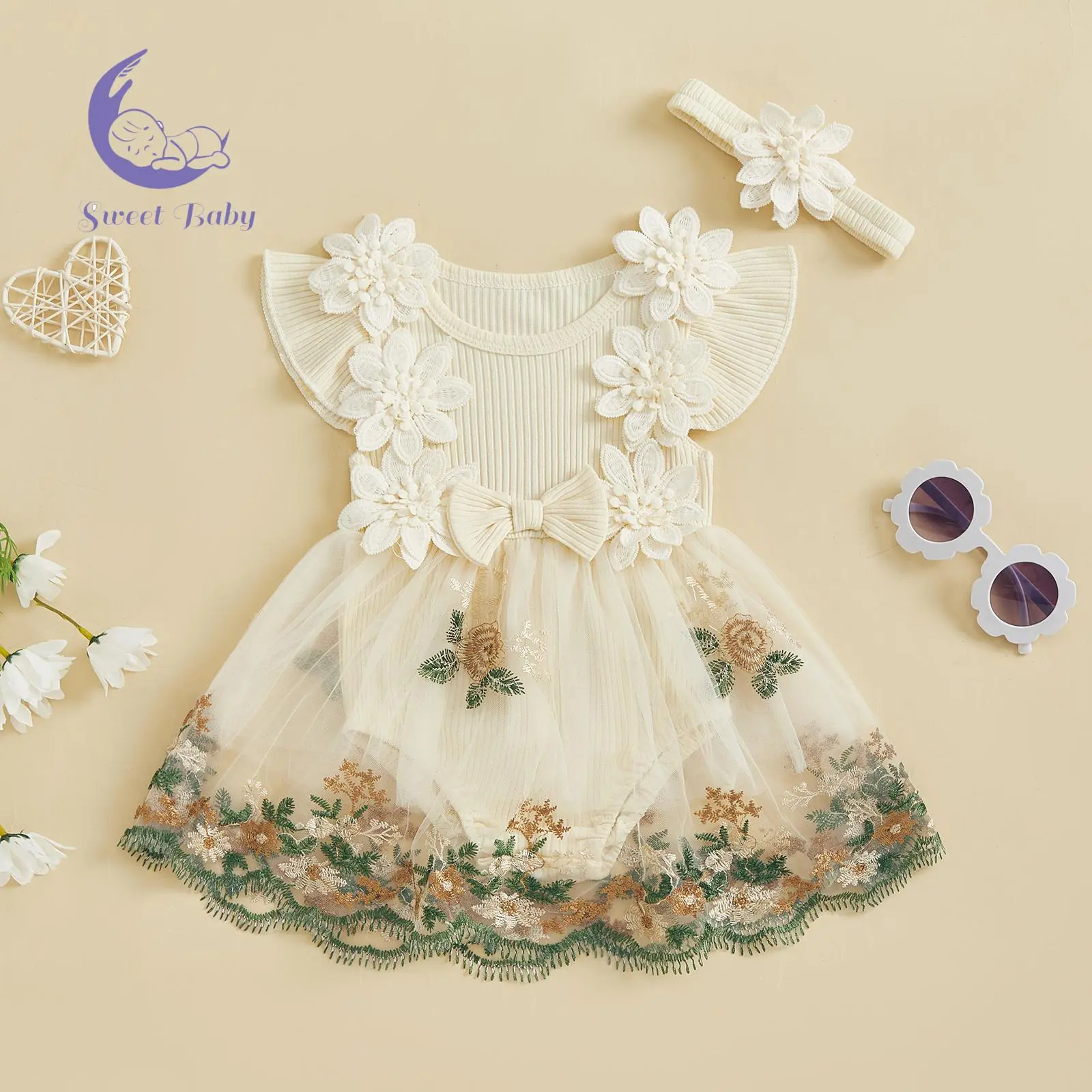 Baby Girl Clothes, Floral Print Dress - Infant Round Neck Romper with Floral Embroidery, Mesh Skirt Hem and Headband