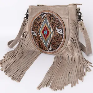 American Darling Hand-Tooled Hair-On Leather Crossbody Bag for Women – Genuine Western Cowhide Purse with Fringe Detailing and Adjustable Strap