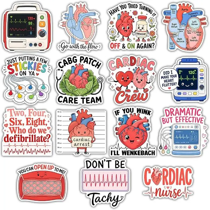 16pcs-Cardiac Nurse Stickers Heart Anatomy, Heart Monitor Defibrillator Cardiology Stickers Vinyl Decal Cardiologist, Nurses Gifts Decoration Accessories Car Water Bottles Laptop Journals