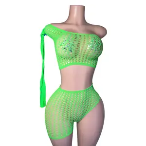 Green Honeycomb Mesh Crop One-Leg Shorts Set Mercy Exotic Dancewear Set