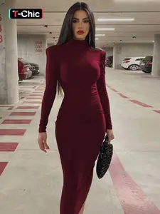 Women's Plain High Neck Padded Shoulder Long Sleeve Slim Fit Dress, Solid Midi Dress for Spring & Fall Winter Fashion, Ladies Party Club Date Evening Elegant Classy Flattering Gown Formal Dress, Daily Basic Casual Black Midi Dresses