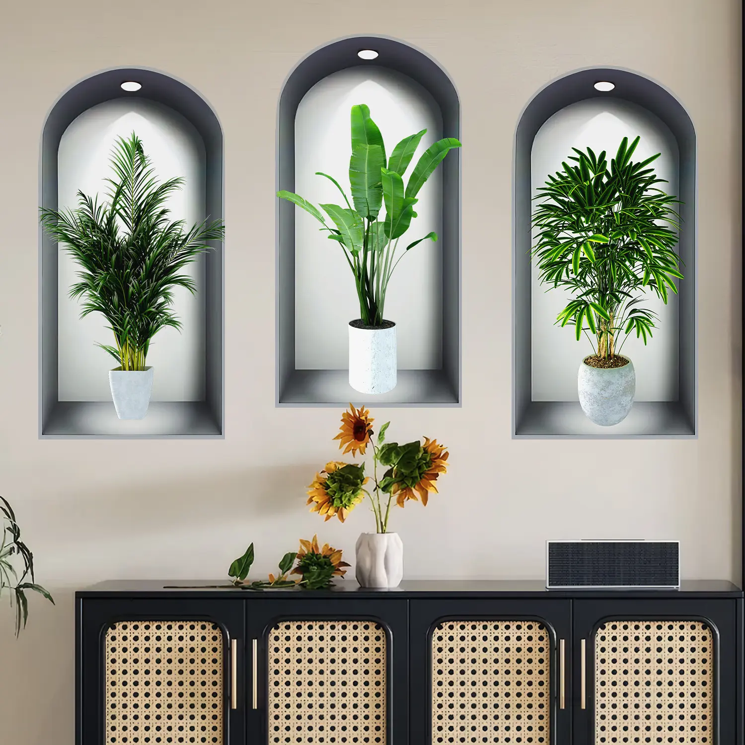 3-piece set, Nordic green plant themed simulated arched window flower basin wall sticker, self-adhesive removable decorative sticker, suitable for wall decoration in living rooms, dining rooms, and study rooms, Decorating, Interior Stickers, Home Decor