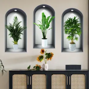 3-piece set, Nordic green plant themed simulated arched window flower basin wall sticker, self-adhesive removable decorative sticker, suitable for wall decoration in living rooms, dining rooms, and study rooms, Home Decor