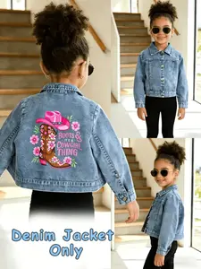 Girls' Cute Denim Jacket, Embroidered Western Boots Print, Comfortable Spring & Fall Outerwear, Trendy Kids Fashion
