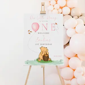 poo girl 1st birthday welcome sign bear 1st birthday party welcome poster pink decor classic bear welcome 