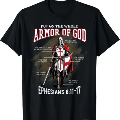 Men's Short-Sleeve Crew Neck Cotton T-Shirt - Armor of God Christian Bible Verse Graphic Menswear, Casual Unisex Retro Faith Apparel, Daily Wear Inspirational Religious Gift