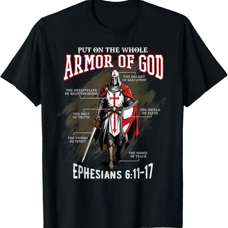 Men's Short-Sleeve Crew Neck Cotton T-Shirt - Armor of God Christian Bible Verse Graphic Menswear, Casual Unisex Retro Faith Apparel, Daily Wear Inspirational Religious Gift