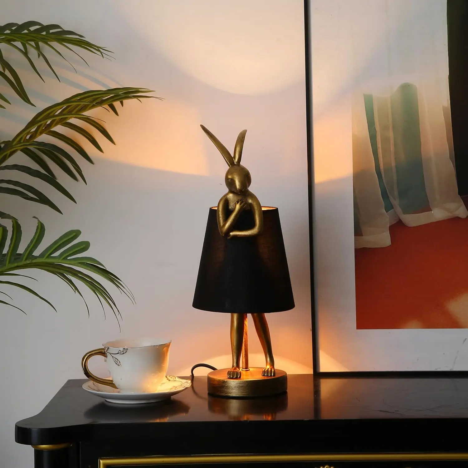 Cute Rabbit Animal Table Lamp Creative Bunny Table Lamp Gold Resin Apron LED Desk Light,White Linen Shade 15.7inch, Home Decor Eye Protection ​Lamp Office Study Bedside Lamp
