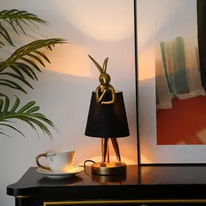 Cute Rabbit Animal Table Lamp Creative Bunny Table Lamp Gold Resin Apron LED Desk Light,White Linen Shade 15.7inch, Home Decor Eye Protection ​Lamp Office Study Bedside Lamp