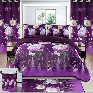 Juegos de Cama Floral Purple Snack Gum Comforter Set with Matching Curtains and Rug