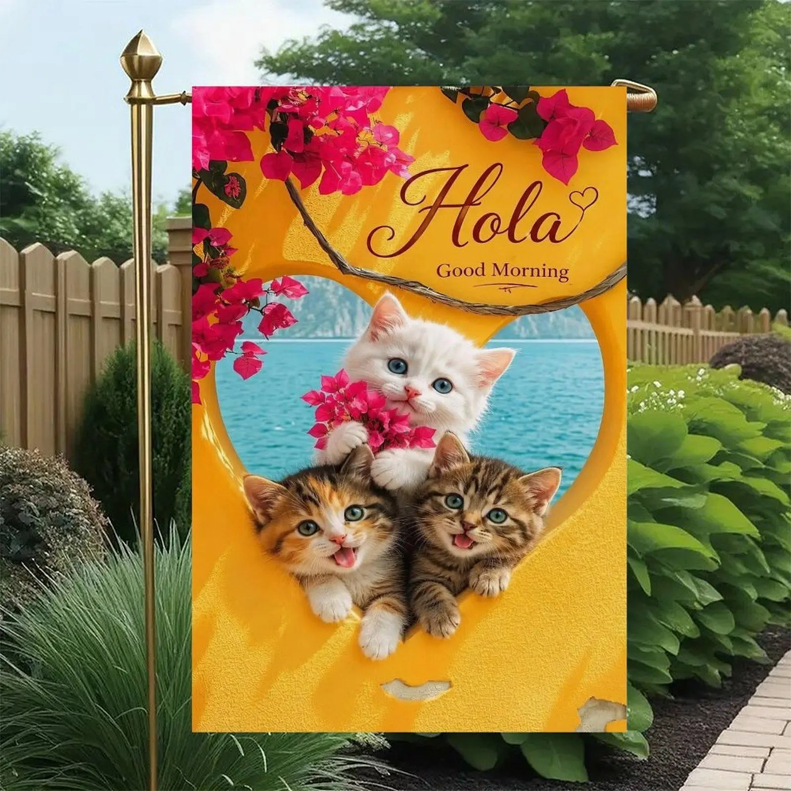 Hola Good Morning Three Fluffy Kittens Bougainvillea Heart Window Ocean View Tropical Garden Flag Double-Sided 12x18in, Cute Cat Warm Morning Lawn Decor Banner